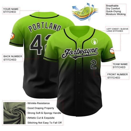 Mode Groen Custom Jersey Authentieke Baseball Fade Zwart-Wit Neon Mode Groen Custom Jersey Authentieke Baseball Fade Zwart-Wit Neon