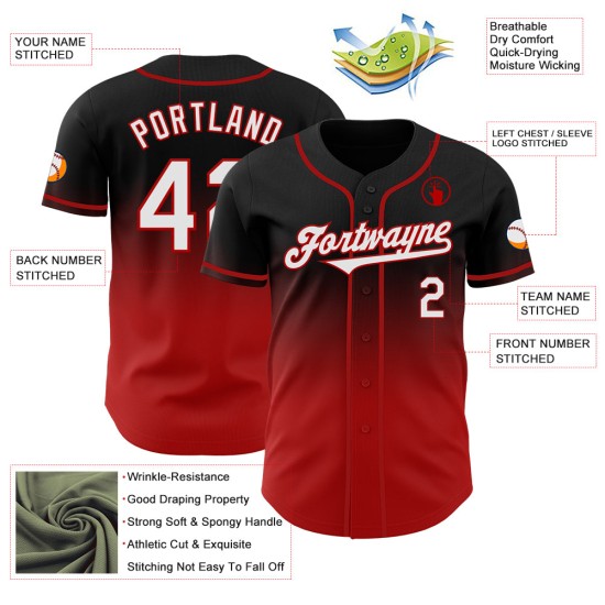 Jersey Zwart Wit-Rood Authentieke Fade Fashion Custom Baseball Jersey Zwart Wit-Rood Authentieke Fade Fashion Custom Baseball