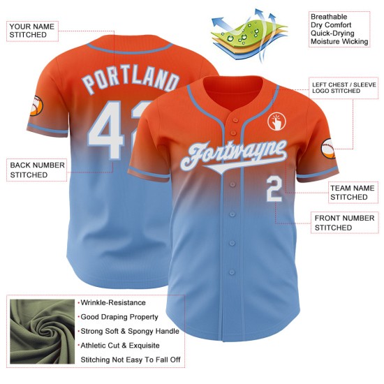 Authentiek op maat gemaakt honkbalblauw, wit en licht vervagend, modieus oranje shirt