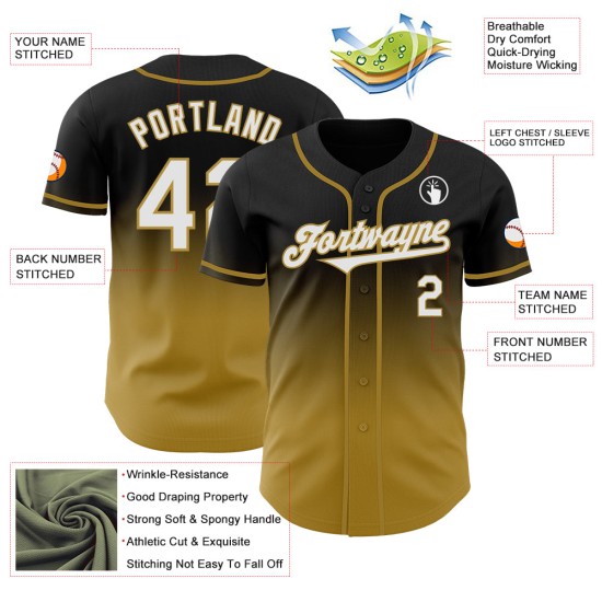 Honkbal Wit-Oud Jersey Goud Zwart Authentieke Aangepaste Mode Fade Honkbal Wit-Oud Jersey Goud Zwart Authentieke Aangepaste Mode Fade