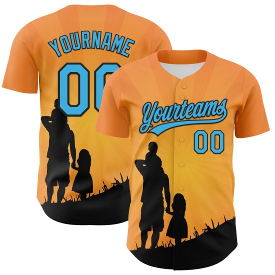 Authentieke honkbal blauw-zwarte baai familiedag oranje aangepaste trui vaders 3D liefdeshemel ontwerppatroon Authentieke honkbal blauw-zwarte baai familiedag oranje aangepaste trui vaders 3D liefdeshemel ontwerppatroon