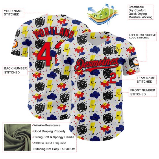 Jersey Cloud Baseball Grappig Vuur Authentiek Cartoon Bliksem Ontwerp 3D Rood-Zwart Aangepast Bloem Wit Patroon Jersey Cloud Baseball Grappig Vuur Authentiek Cartoon Bliksem Ontwerp 3D Rood-Zwart Aangepast Bloem Wit Patroon