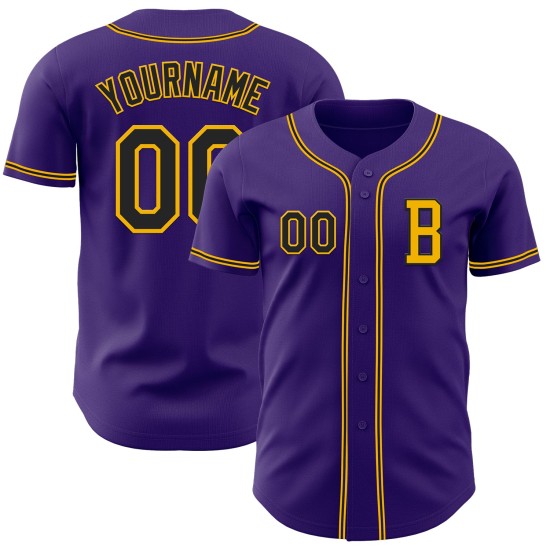 Authentiek honkbalshirt op maat, paars, zwart en goud Authentiek honkbalshirt op maat, paars, zwart en goud