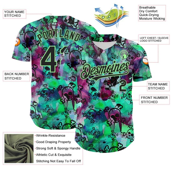 Jersey Pea Authentieke Schedel Groen 3D Aangepaste Zwarte Graffiti Honkbal Jersey Pea Authentieke Schedel Groen 3D Aangepaste Zwarte Graffiti Honkbal