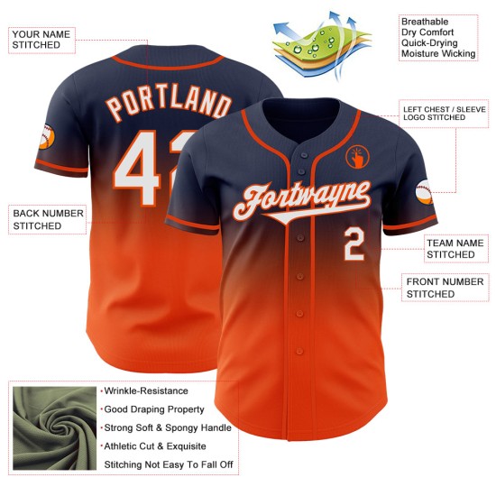 Fade Authentieke Marineblauwe Baseball Jersey Custom Fashion Wit-Oranje Fade Authentieke Marineblauwe Baseball Jersey Custom Fashion Wit-Oranje