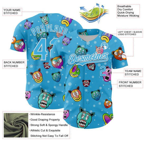 Sky Cartoon Grappig Honkbal Wit Blauw Patroon Ontwerp Jersey Authentieke Aangepaste 3D Dier Sky Cartoon Grappig Honkbal Wit Blauw Patroon Ontwerp Jersey Authentieke Aangepaste 3D Dier