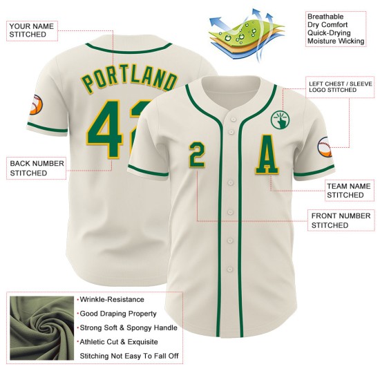 Aangepaste crème Kelly honkbal groen-goud authentiek shirt Aangepaste crème Kelly honkbal groen-goud authentiek shirt