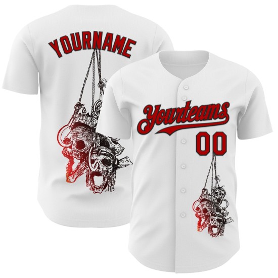 Authentiek honkbalshirt op maat 3D-shirt met schedel in wit, rood en zwart Authentiek honkbalshirt op maat 3D-shirt met schedel in wit, rood en zwart