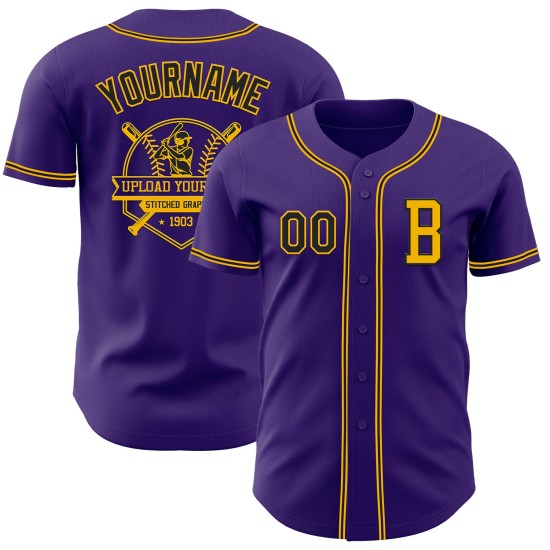 Authentiek honkbalshirt op maat, paars, zwart en goud Authentiek honkbalshirt op maat, paars, zwart en goud