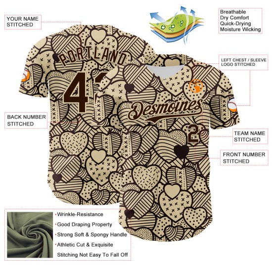 Hart Snack Chocolade Ontwerp 3D Jersey Patroon Foodie Food Authentieke Aangepaste Bruine Crème Honkbal Hart Snack Chocolade Ontwerp 3D Jersey Patroon Foodie Food Authentieke Aangepaste Bruine Crème Honkbal