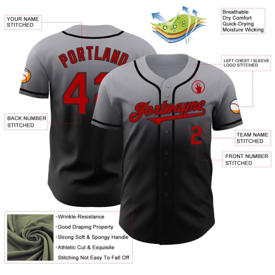 Baseball Gray Jersey Fade Authentieke Custom Rood-Zwarte Mode Baseball Gray Jersey Fade Authentieke Custom Rood-Zwarte Mode