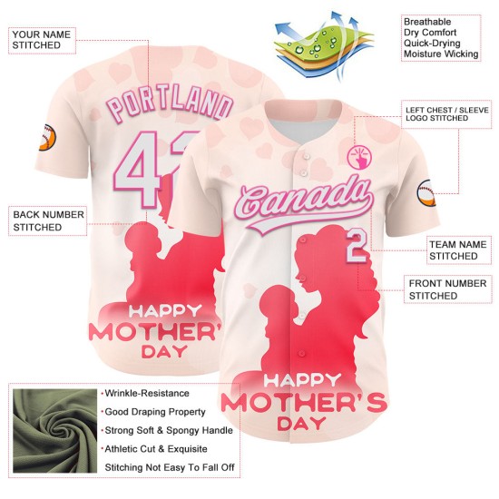 Familie honkbal authentiek moeder patroon ontwerp Jersey dag wit-roze aangepaste liefde 3D crème Familie honkbal authentiek moeder patroon ontwerp Jersey dag wit-roze aangepaste liefde 3D crème
