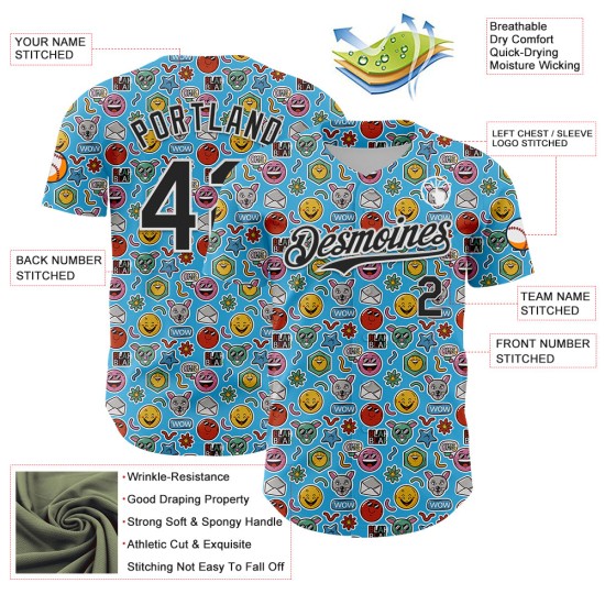 Cartoonpatroon Authentiek Aangepast Sky Baseball Ontwerp 3D Zwart-Wit Grappig Emoji Jersey Blauw Cartoonpatroon Authentiek Aangepast Sky Baseball Ontwerp 3D Zwart-Wit Grappig Emoji Jersey Blauw