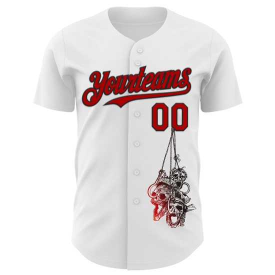 Authentiek honkbalshirt op maat 3D-shirt met schedel in wit, rood en zwart Authentiek honkbalshirt op maat 3D-shirt met schedel in wit, rood en zwart