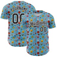 Cartoonpatroon Authentiek Aangepast Sky Baseball Ontwerp 3D Zwart-Wit Grappig Emoji Jersey Blauw Cartoonpatroon Authentiek Aangepast Sky Baseball Ontwerp 3D Zwart-Wit Grappig Emoji Jersey Blauw