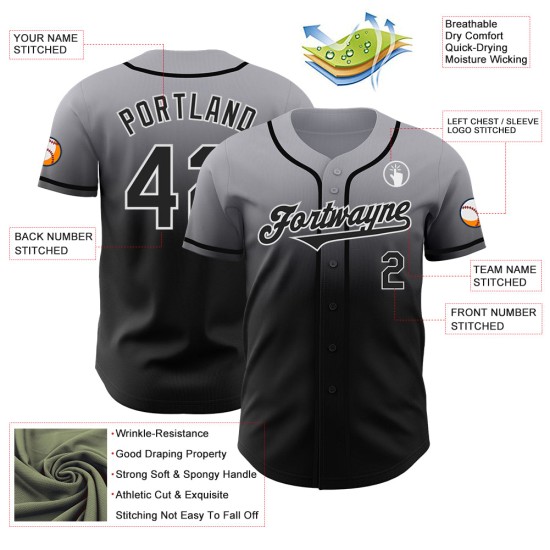Grijs Baseball Fade Fashion Custom Jersey Authentiek Zwart-Wit Grijs Baseball Fade Fashion Custom Jersey Authentiek Zwart-Wit