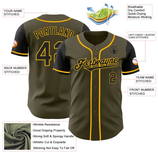 Baseball Salute Olijf Zwart-Goud Toon Jersey Service Authentiek Aan Twee Aangepaste Baseball Salute Olijf Zwart-Goud Toon Jersey Service Authentiek Aan Twee Aangepaste