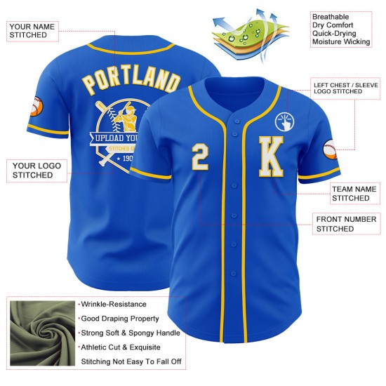 Thunder Blue Authentic Jersey Baseball Wit-Geel Aangepast Thunder Blue Authentic Jersey Baseball Wit-Geel Aangepast