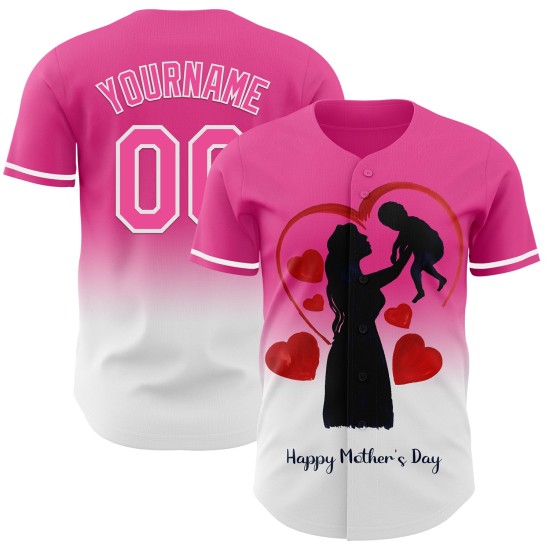 Authentieke 3D Family Love Day-patroonontwerp voor een roze honkbalmoedershirt met kleurverloop in wit Authentieke 3D Family Love Day-patroonontwerp voor een roze honkbalmoedershirt met kleurverloop in wit