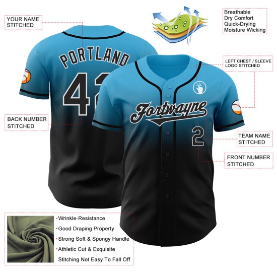 Baseball Fade Authentiek Blauw Custom Fashion Sky Zwart-Wit Jersey Baseball Fade Authentiek Blauw Custom Fashion Sky Zwart-Wit Jersey