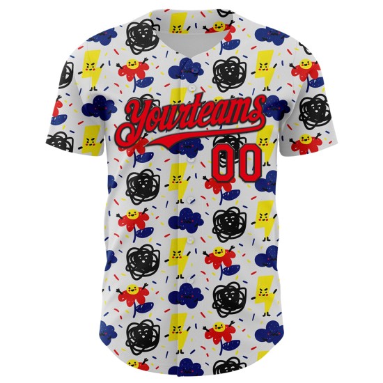 Jersey Cloud Baseball Grappig Vuur Authentiek Cartoon Bliksem Ontwerp 3D Rood-Zwart Aangepast Bloem Wit Patroon Jersey Cloud Baseball Grappig Vuur Authentiek Cartoon Bliksem Ontwerp 3D Rood-Zwart Aangepast Bloem Wit Patroon