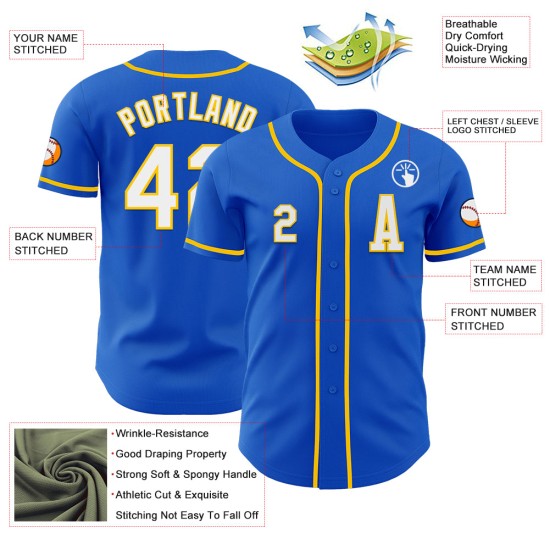 Thunder Blue Authentic Jersey Baseball Wit-Geel Aangepast Thunder Blue Authentic Jersey Baseball Wit-Geel Aangepast