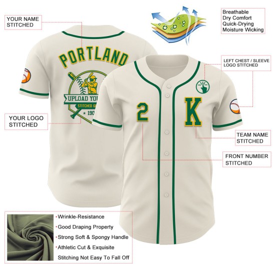 Aangepaste crème Kelly honkbal groen-goud authentiek shirt Aangepaste crème Kelly honkbal groen-goud authentiek shirt