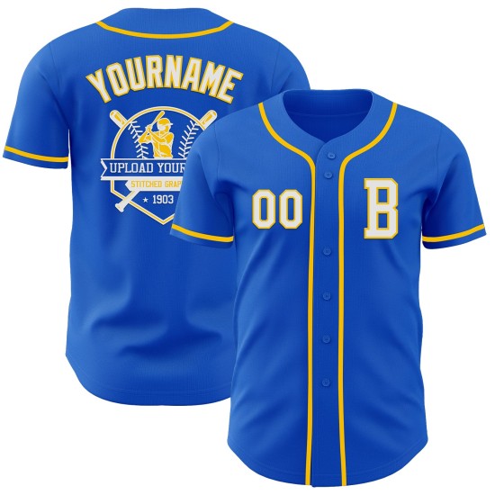 Thunder Blue Authentic Jersey Baseball Wit-Geel Aangepast Thunder Blue Authentic Jersey Baseball Wit-Geel Aangepast