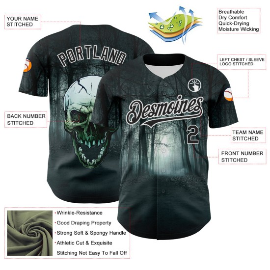 Jersey Zwarte Schedel 3D Authentieke Aangepaste Honkbal Spookachtig Wit Jersey Zwarte Schedel 3D Authentieke Aangepaste Honkbal Spookachtig Wit