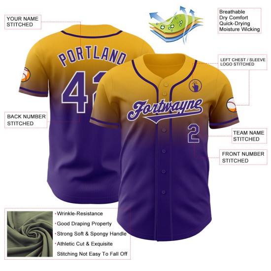 Mode Honkbal Authentieke Jersey Aangepast Goud Paars-Wit Vervaagd Mode Honkbal Authentieke Jersey Aangepast Goud Paars-Wit Vervaagd