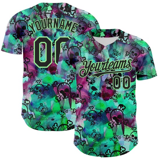 Jersey Pea Authentieke Schedel Groen 3D Aangepaste Zwarte Graffiti Honkbal Jersey Pea Authentieke Schedel Groen 3D Aangepaste Zwarte Graffiti Honkbal